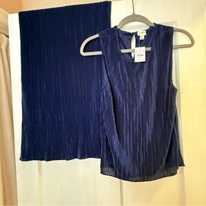 NWT J Crew Navy Blue Pliss Sleeveless Top & Skirt Set